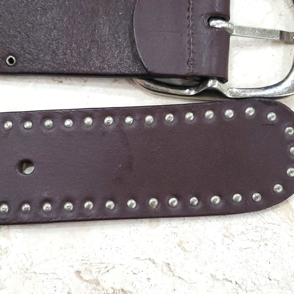 Calvin Klein belt women's large brown leather riveted studs silver logo buckle - Picture 15 of 15